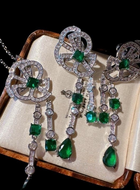 莫奈花园双生花宝石项链 富婆的快乐 镀18K金 孔雀绿水滴花朵耳环