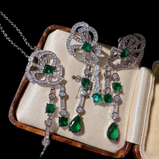 莫奈花园双生花宝石项链 富婆的快乐 镀18K金 孔雀绿水滴花朵耳环