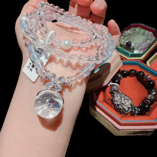 花丝鎏彩白水晶蝴蝶宝石多圈叠戴手链新中式黑曜石草莓晶花神手串