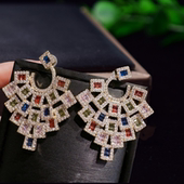 镀18K金 海蒂南瓜宝石流星耳坠 古董感 彩虹孔雀羽毛锆石耳环