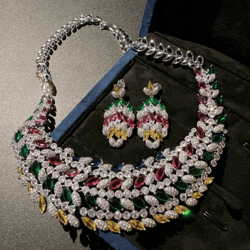 奢华水滴绿色锆石项链优雅婚纱礼服宴会饰品彩虹花朵花冠宝石项链