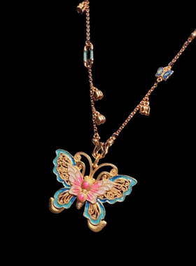 古法花丝螺钿庄生晓梦蝴蝶珐琅芍药项链新中式玲珑花蝶同心锁项链