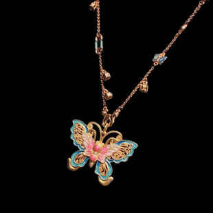 古法花丝螺钿庄生晓梦蝴蝶珐琅芍药项链新中式玲珑花蝶同心锁项链