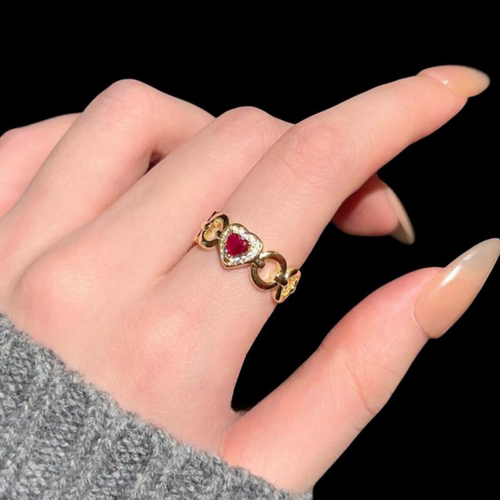 斯坦梅茨粉爱心宝石戒指 富家千金 镀18K金 孔雀绿桃心锆石戒指