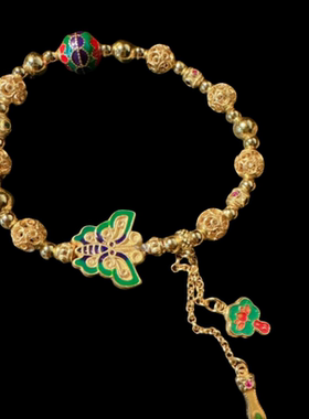 蜂巢蝴蝶珐琅宝石手链 金豆豆 镀18K金 花朵珍珠滴釉老铺手镯叠戴