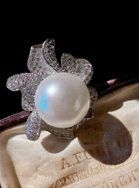 古巴比伦猎豹宝石珍珠胸针 大溪地 深海贝珠 花朵锆石 戒指