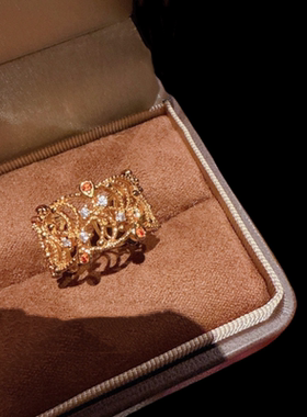 古法花丝螺钿福满鸢尾花戒指 新中式 玫瑰花窗繁花锆石戒指百搭