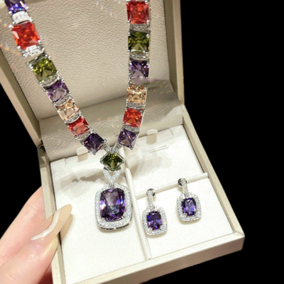 乌拉圭紫水晶彩虹宝石项链 罗马宫廷 镀18K金 鸢尾紫几何锆石手链