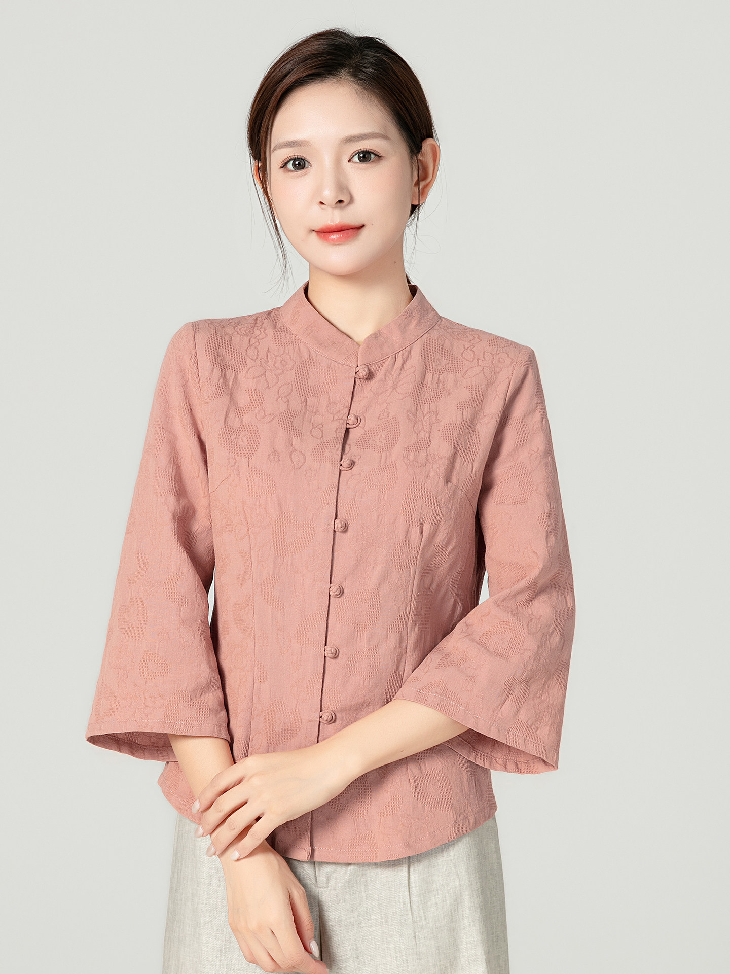 春秋款复古文艺民族风纯棉提花上衣女修身显瘦立领盘扣衬衫七分袖