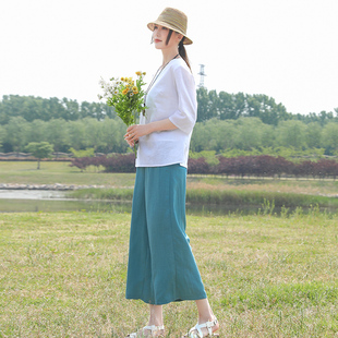 复古文艺旅行白色苎麻时尚套装女宽松显瘦套头衫亚麻阔腿裤两件套