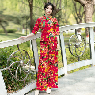 复古文艺民族风大花布棉麻套装女修身显瘦上衣直筒型阔腿库两件套