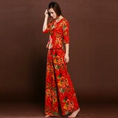原创民族风阔腿裤 直筒裤 棉麻套装 东北大花布亚麻V领上衣女裙裤