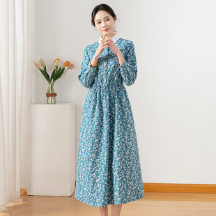 2026春款旅行文艺田园风纯棉碎花连衣裙女宽松显瘦抽带小白领长裙