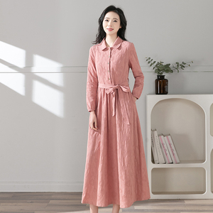 2025春新款复古文艺全棉提花纯色连衣裙女装修身显瘦透气长袖长裙