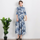 复古文艺民族风青花瓷棉麻连衣裙女修身 显瘦立领撞色盘扣长裙春夏