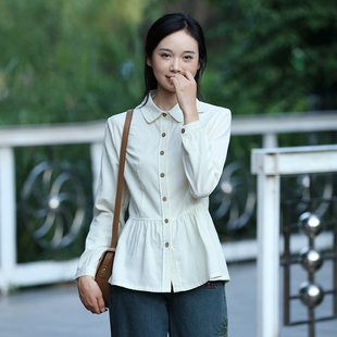 2024春秋新款 女收腰显瘦百搭碎褶上衣 复古文艺纯棉白色灯芯绒衬衫