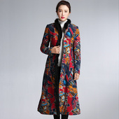 修身 2020冬装 复古棉麻印花棉大衣加厚棉风衣长款 显瘦真毛领棉服