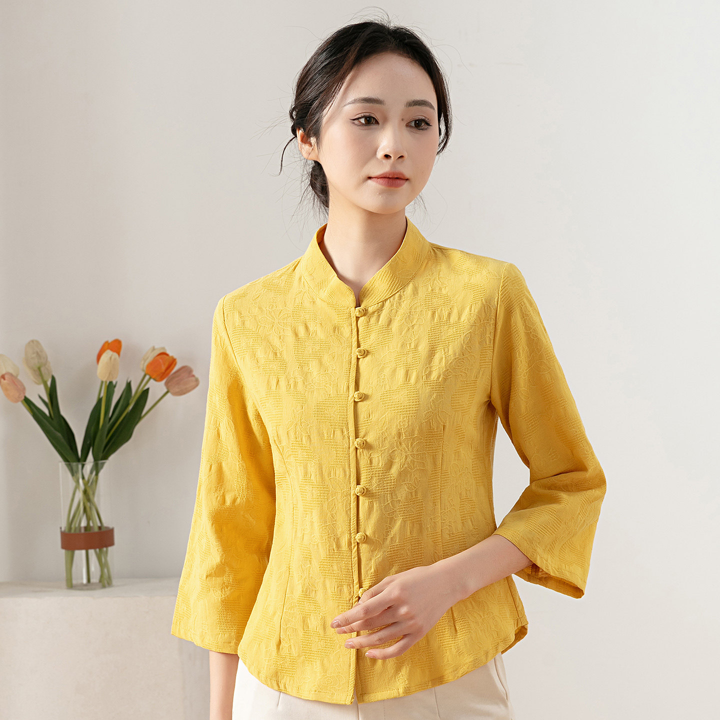 2026春夏新款复古文艺民族风纯棉提花上衣女修身显瘦立领盘扣衬衫