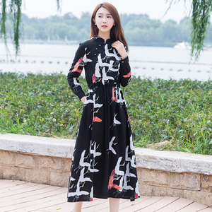 复古文艺范亚麻印花连衣裙女立领宽松腰中国风长袖大摆长裙秋新款