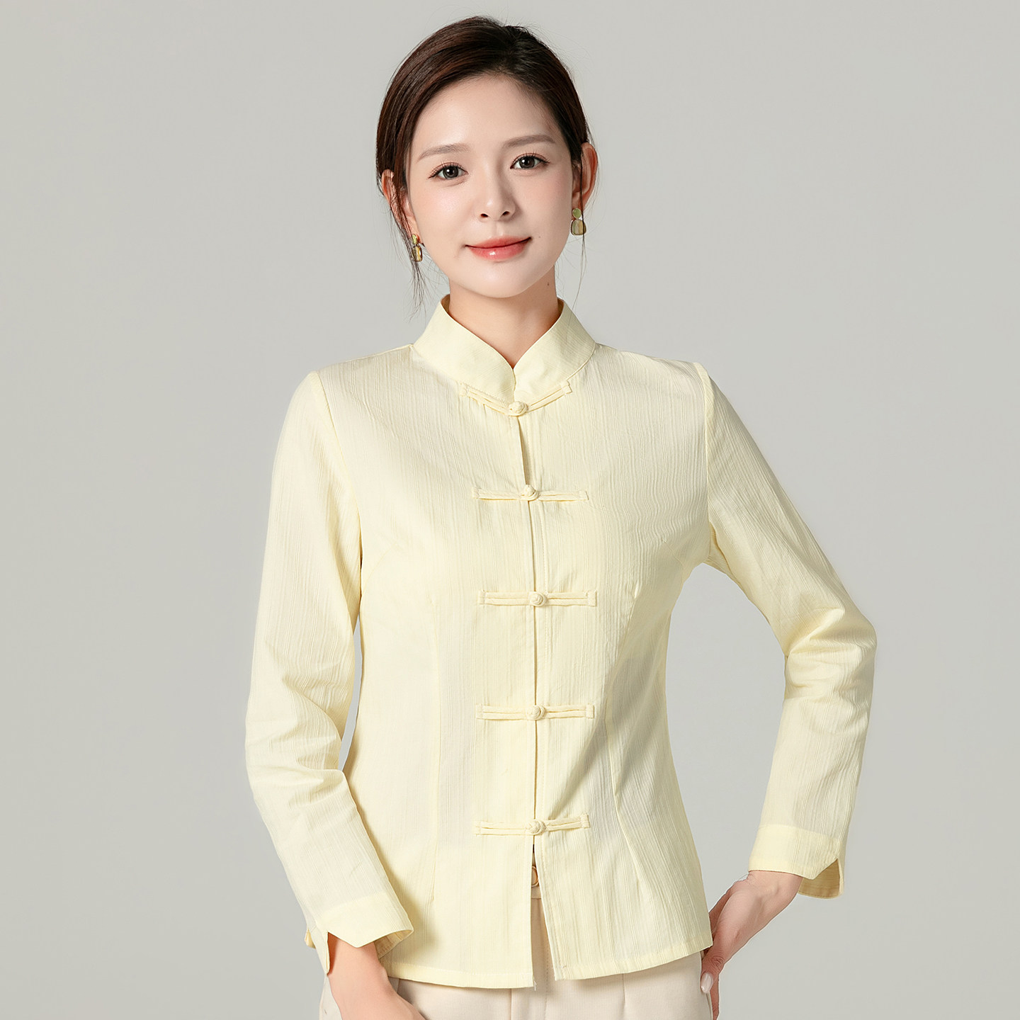 2026夏秋中古风纯棉长袖衬衫女修身显瘦立领吸湿排汗盘扣上衣唐装