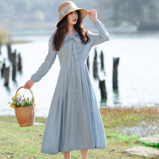 旅行文艺棉麻素色连衣裙女装修身显瘦飘带领长袖百褶开衫长裙春款