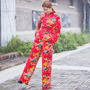 长裤 女唐装 夹棉两件套加厚保暖冬 套装 民族风东北大花布棉麻阔腿裤