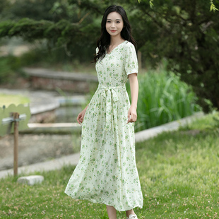 2024夏季新款小清新天丝棉碎花连衣裙女修身显瘦轻薄透气短袖长裙