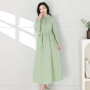 2025春新款复古文艺小清新纯色全棉提花连衣裙女修身显瘦长袖长裙