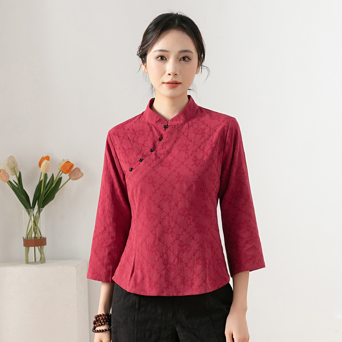 2026春新款复古文艺中国风酒红色棉布提花上衣女修身显瘦茶服衬衫
