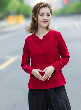 2020秋季新款复古文艺全棉红色灯芯绒T恤女装修身显瘦长袖套头衫