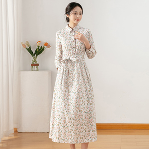 2026春季新款复古文艺田园风纯棉碎花连衣裙女修身显瘦衬衣领长裙