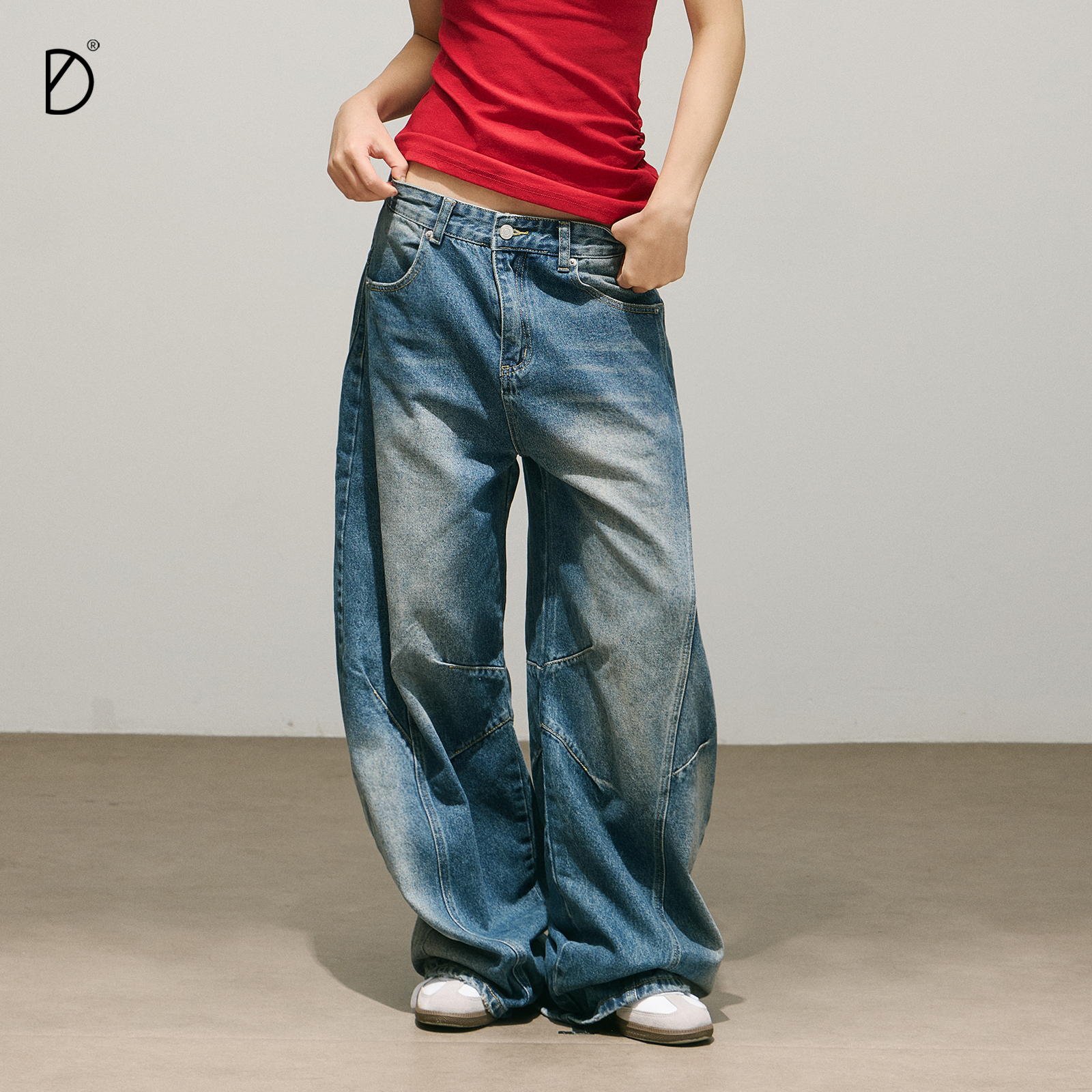 SMILE DDD弯刀牛仔裤宽松分割线水洗磨白做旧美式休闲显瘦阔腿裤