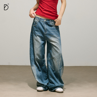 休闲阔腿裤 SMILE 宽松分割线水洗磨白做旧美式 弯刀牛仔裤 DDD