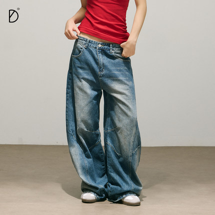 SMILE DDD弯刀牛仔裤宽松分割线水洗磨白做旧美式休闲显瘦阔腿裤