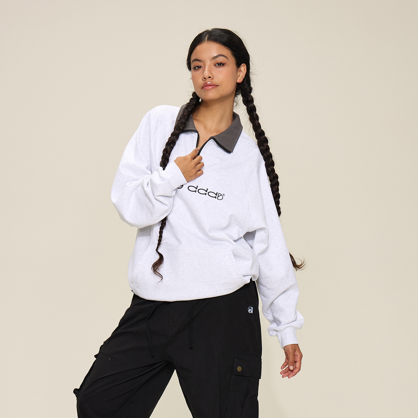 Smileddd美式宽松半拉链卫衣