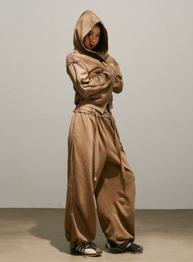 SMILE DDD毛边套装驼色280g美拉德休闲刺绣开衫宽松简约运动卫裤