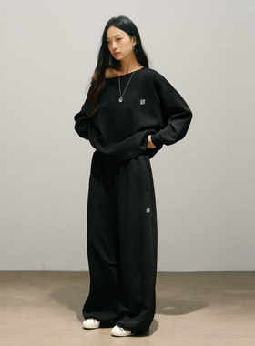 SMILE DDD斜肩套装黑色220g舒适亲肤裤脚可调节美式慵懒休闲卫衣