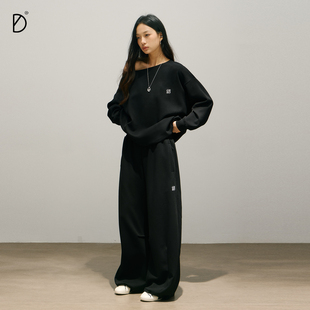 脚可调节美式 黑色220g舒适亲肤裤 慵懒休闲卫衣 DDD斜肩套装 SMILE