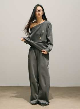 SMILE DDD斜肩套装炭灰220g亲肤透气美式简约运动裤脚可调节卫裤