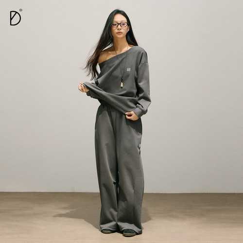 SMILE DDD斜肩套装炭灰220g亲肤透气美式简约运动裤脚可调节卫裤