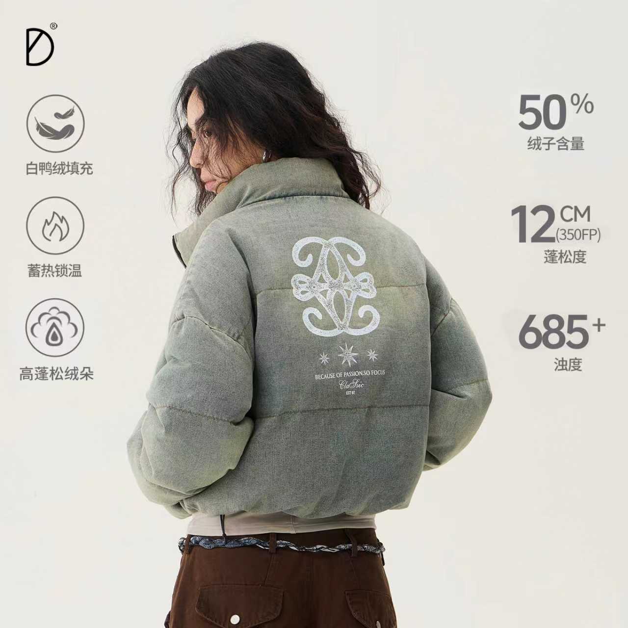 SMILE DDD水洗牛仔羽绒服女短款立领白鸭绒保暖蓬松小个子外套冬