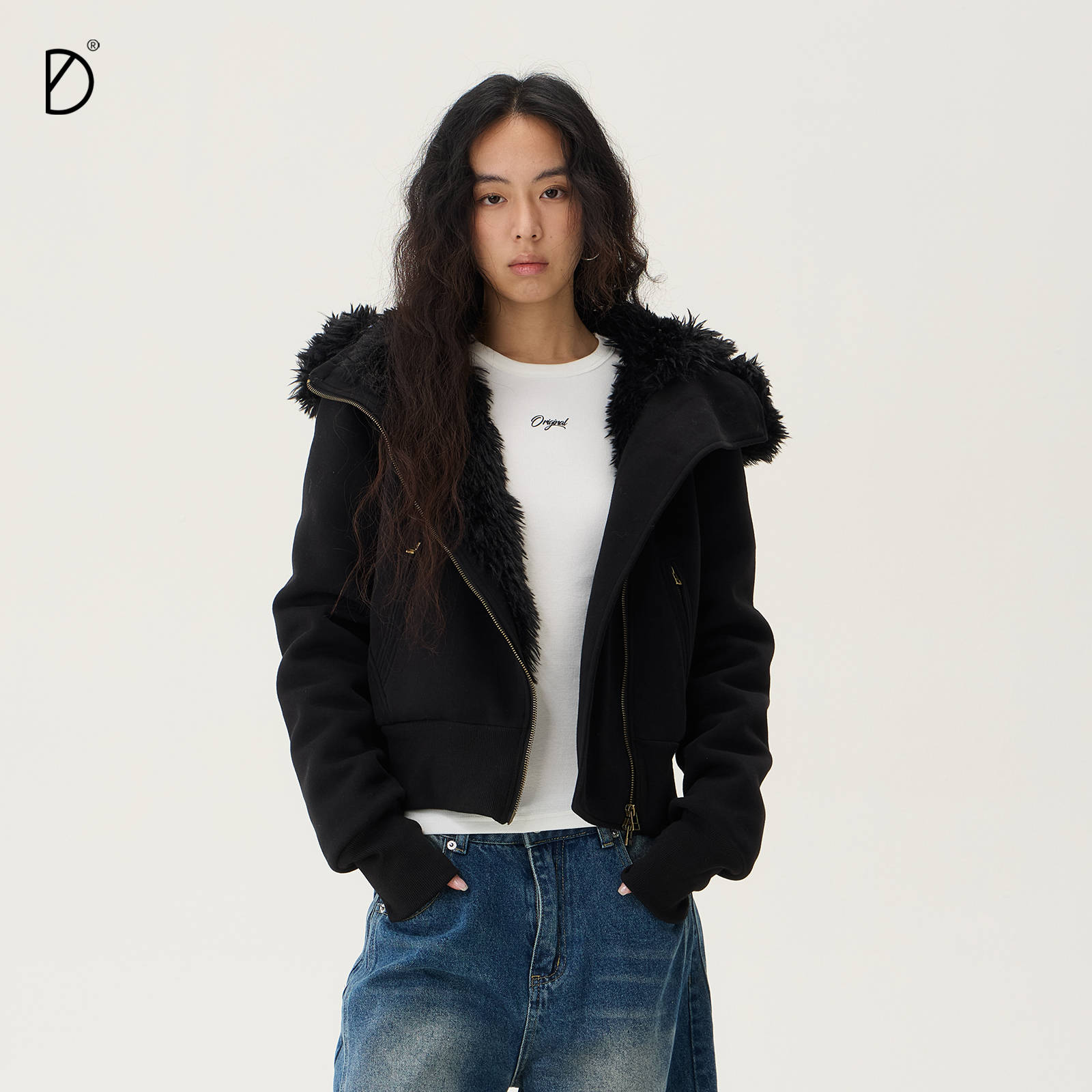 SMILE DDD短款毛领外套女修身显瘦连帽舒适保暖女小个子开衫卫衣