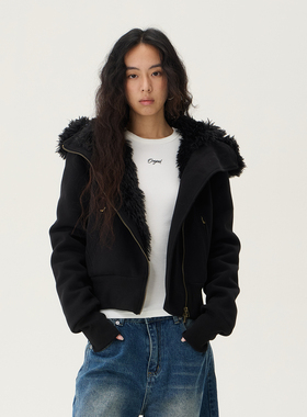 SMILE DDD短款毛领外套女修身显瘦连帽舒适保暖女小个子开衫卫衣