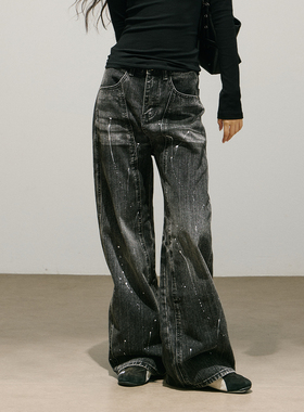 SMILE DDD水洗泼墨牛仔裤美式街头做旧磨白直筒显瘦秋冬女长裤