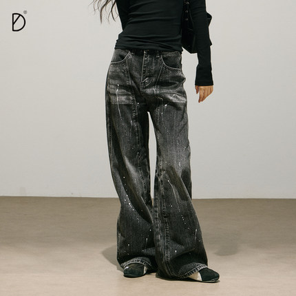 SMILE DDD水洗泼墨牛仔裤美式街头做旧磨白直筒显瘦秋冬女长裤