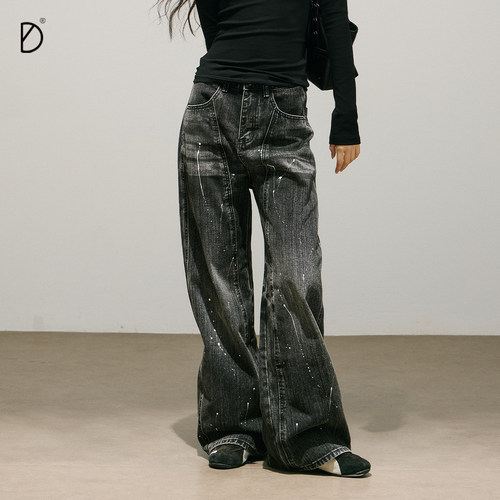 水洗泼墨牛仔裤做旧磨白秋冬女