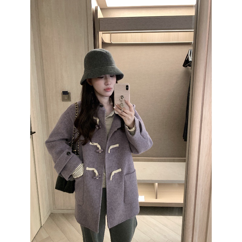 今年流行特惠Viking pear 梨豆紫薯大衣 紫色连帽双面呢羊毛大衣