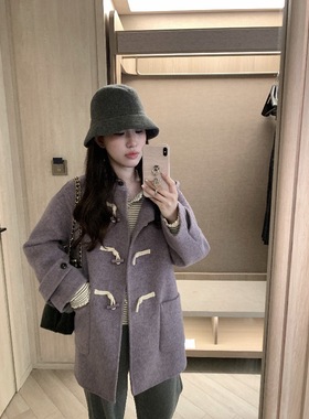 今年流行特惠Viking pear 梨豆紫薯大衣 紫色连帽双面呢羊毛大衣