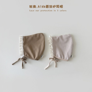 婴儿帽子2025秋冬季新款in蕾丝系绳护耳帽女宝宝田园洋气宫廷胎帽