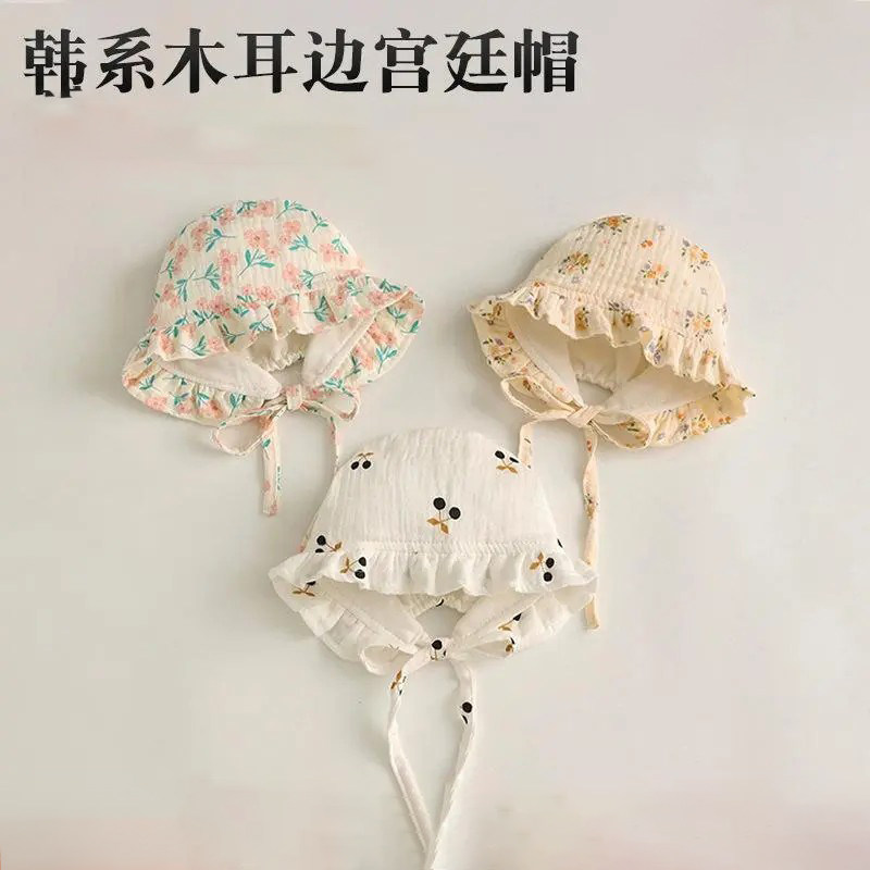 软萌韩系公主宫廷帽婴儿胎帽春款款女宝宝帽子纯棉纱布护耳包头帽